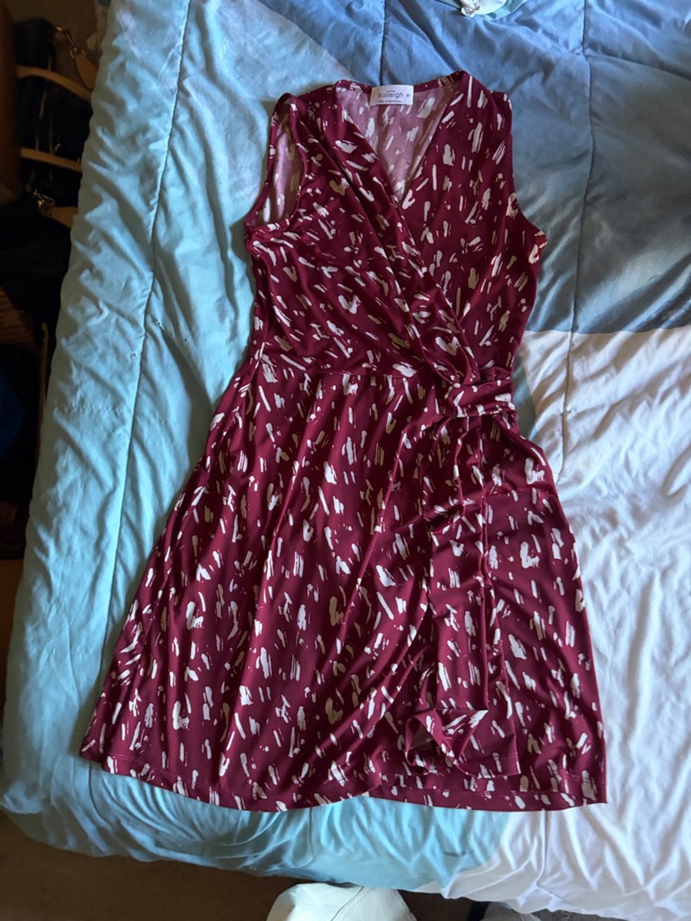Kaileigh Burgundy Sleeveless Wrap Midi Dress with Cream & Gold Accent Print